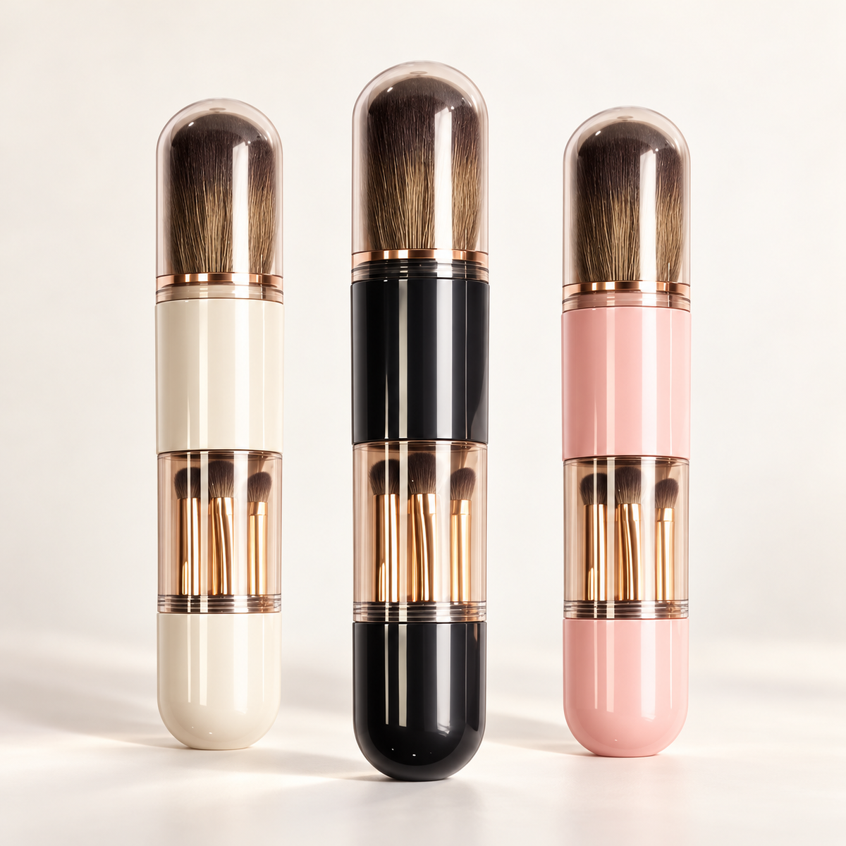 ROVELLEA capsule makeup brush set in ivory, black, and blush pink