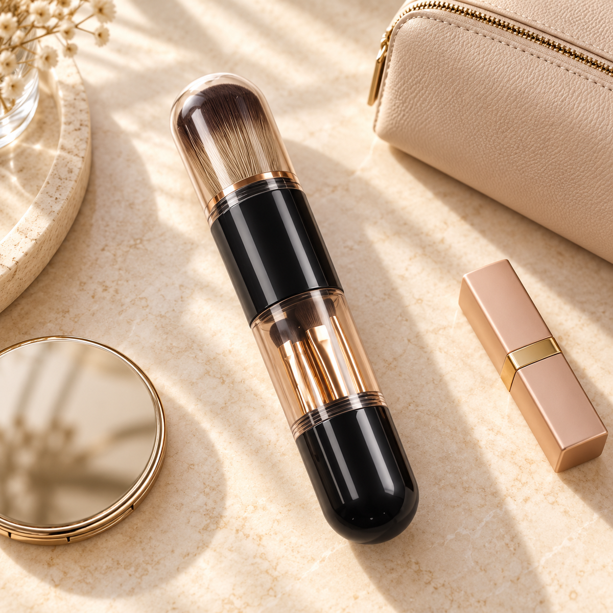 ROVELLEA portable makeup brush set on a vanity
