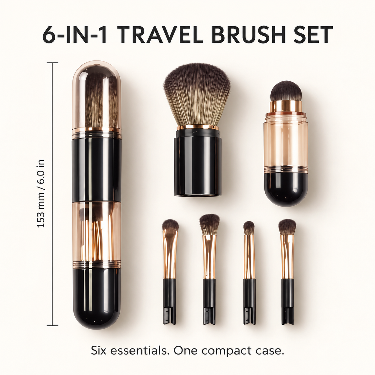 ROVELLEA 6-in-1 makeup brush set dimensions and components
