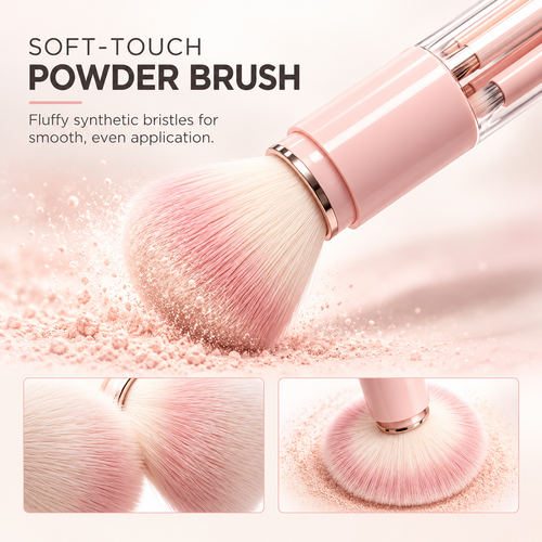 Blush pink ROVELLEA capsule makeup brush with soft cream-to-pink powder bristles